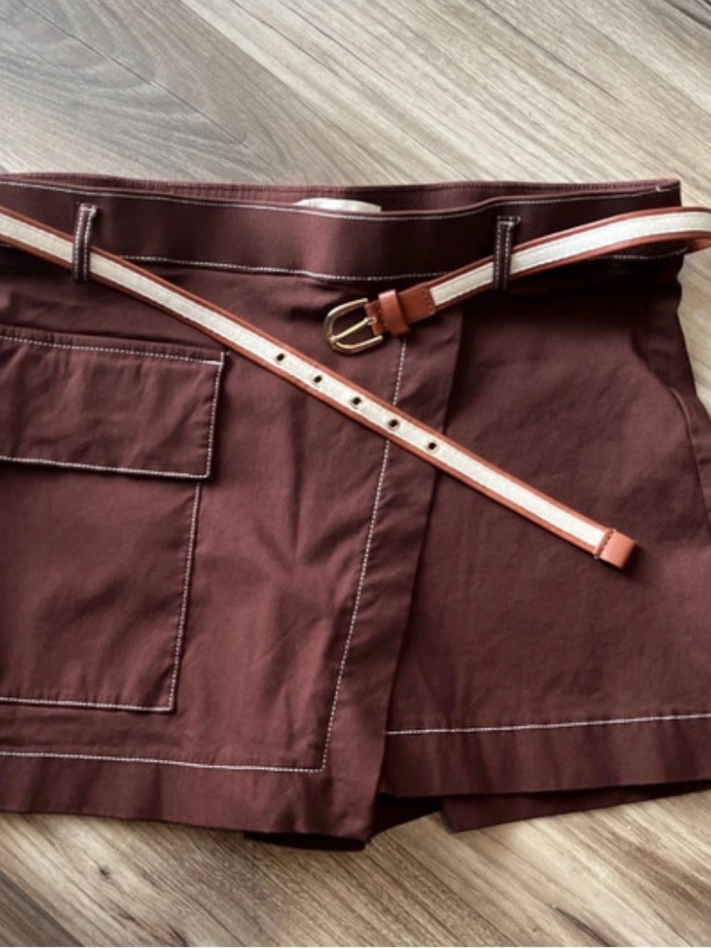 Women's Brown Cargo Skort with Contrast Stitching and Striped Belt